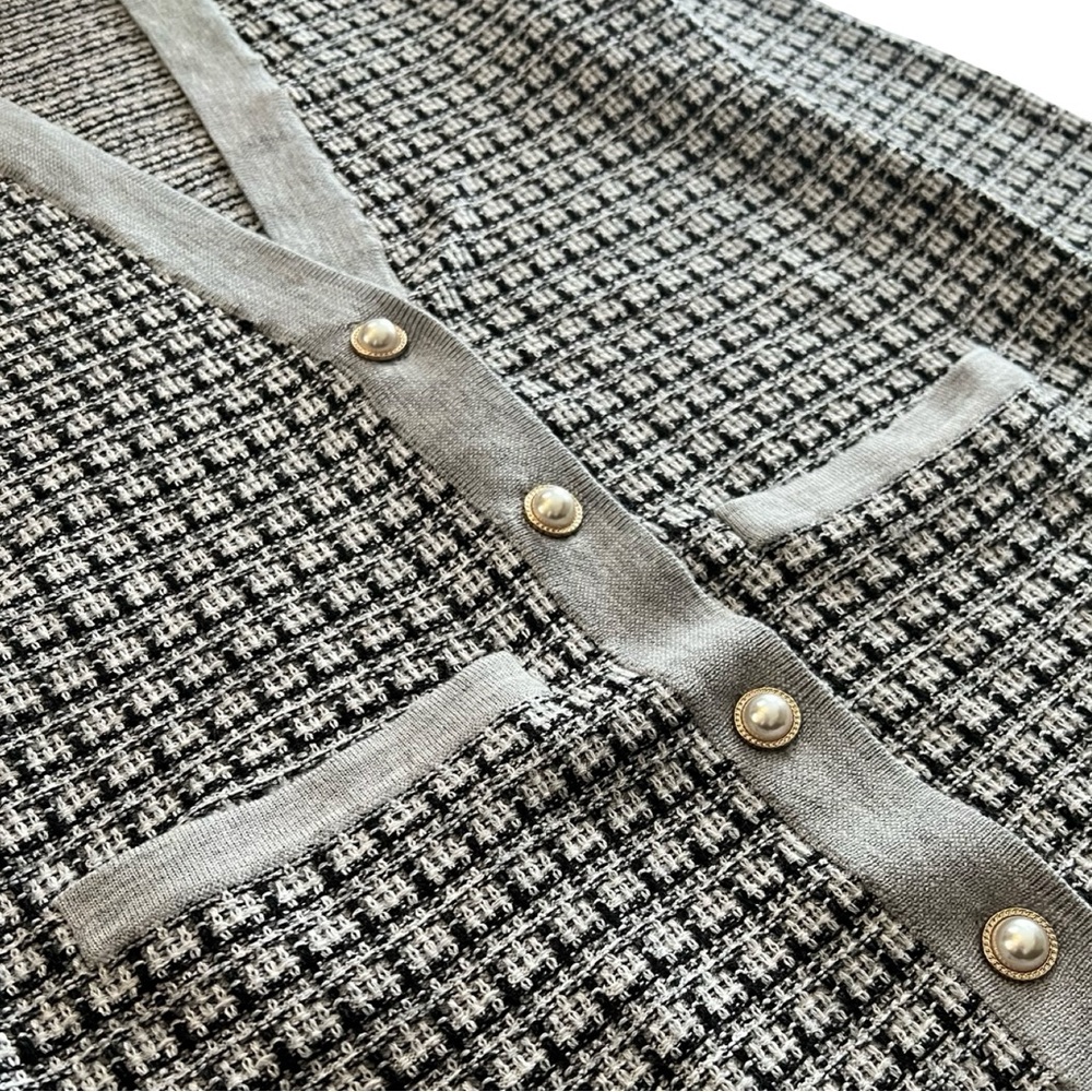 Merino Wool Cardigan by Talbots in Black, White and Grey Mini Plaid - Picture 6 of 11